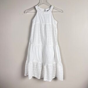 Lilt Eyelet Tiered Halter Dress Kids Size 7/8 White Cotton Swiss Dot Summer Boho